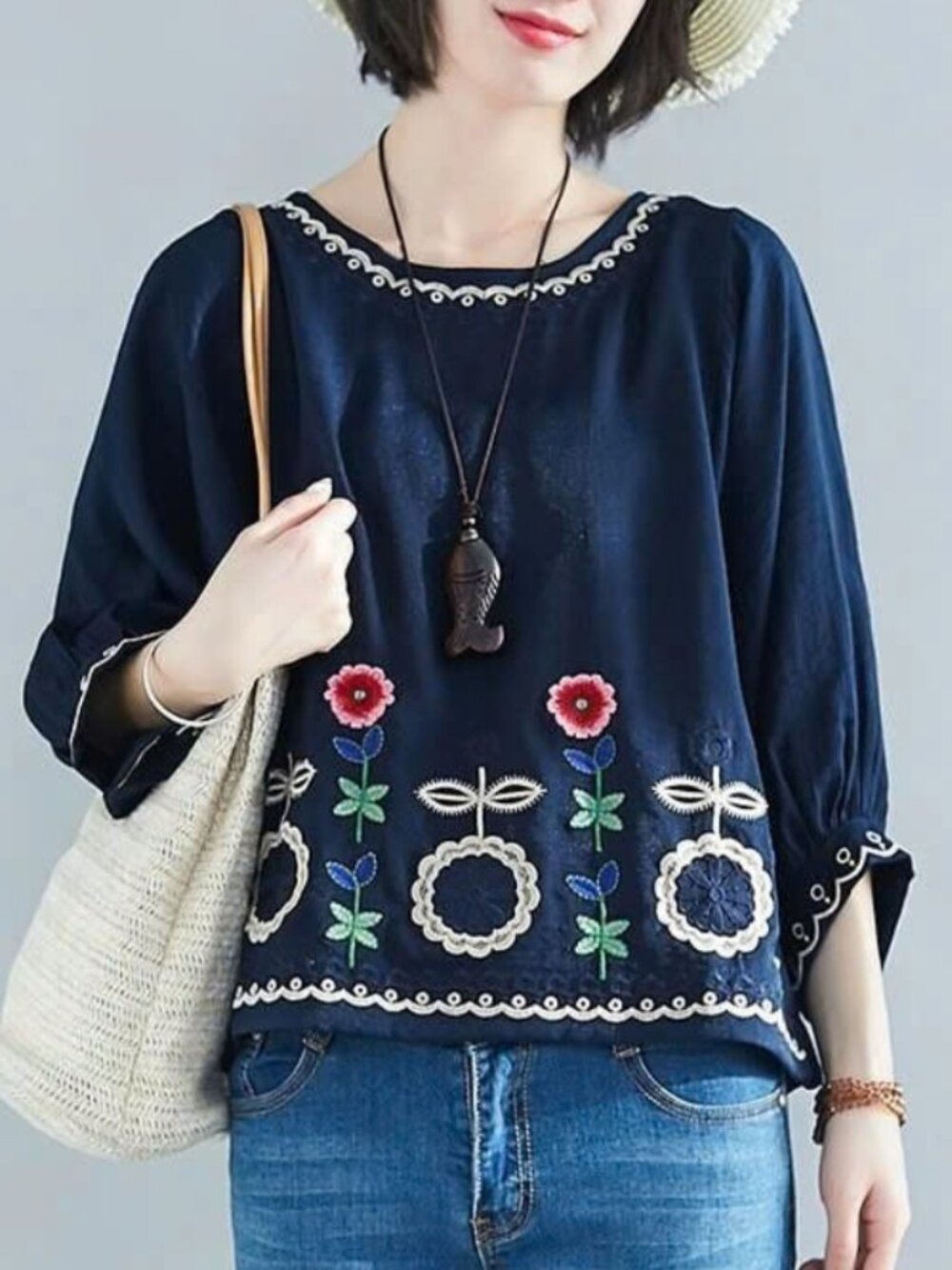 Boho Navy Blue Floral Embroidered Linen Blend Tunic Blouse Top